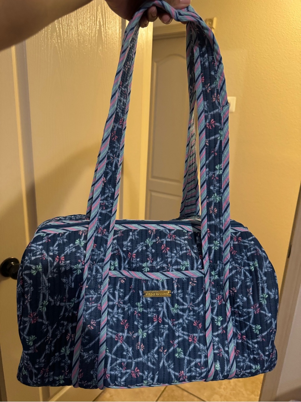 Simply Southern Navy Quilted Floral Tote with Pink & Green Accents